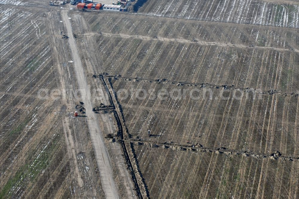 Willmersdorf from above - Construction site and assembly work for solar park and solar power plant in Willmersdorf in the state Brandenburg