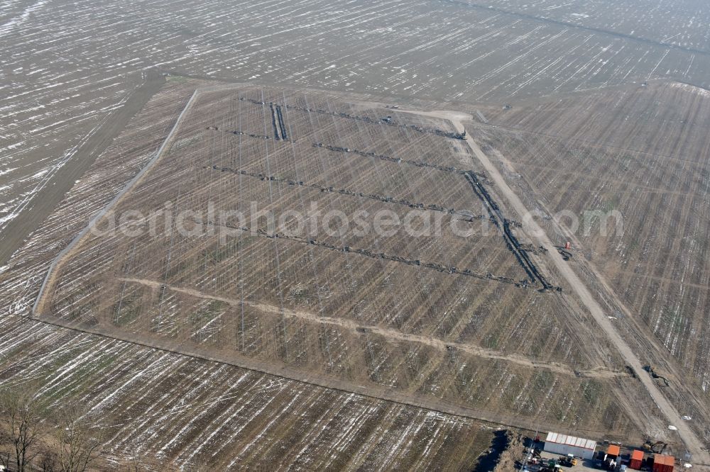 Aerial photograph Willmersdorf - Construction site and assembly work for solar park and solar power plant in Willmersdorf in the state Brandenburg