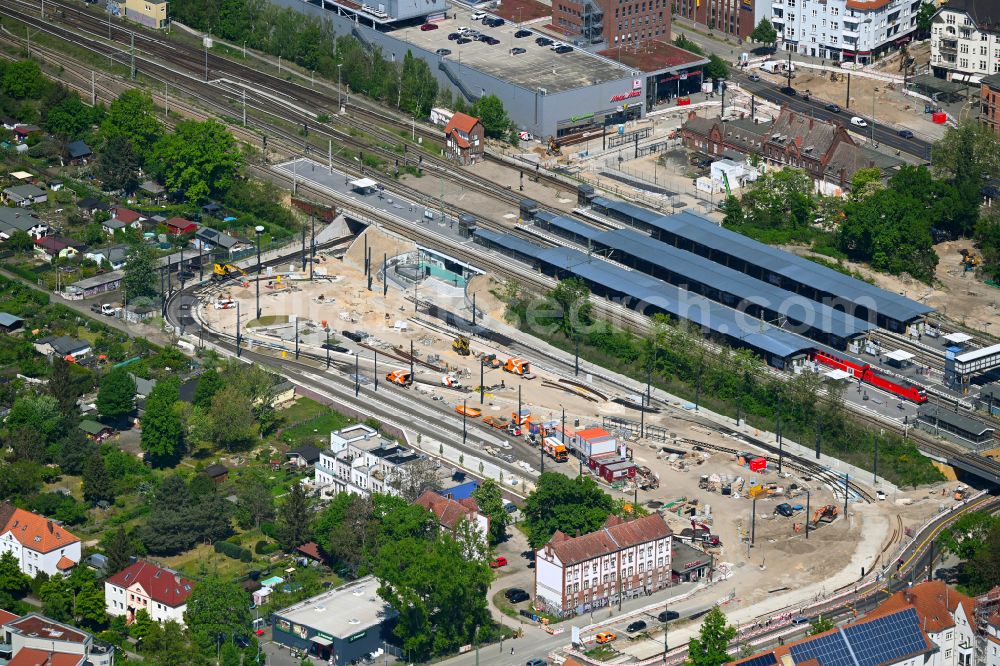 Berlin from above - Construction site for the reconstruction of the local transport and tram depot and depot of the municipal transport company BVB on Michael-Brueckner-Strasse in the Johannisthal district of Berlin, Germany