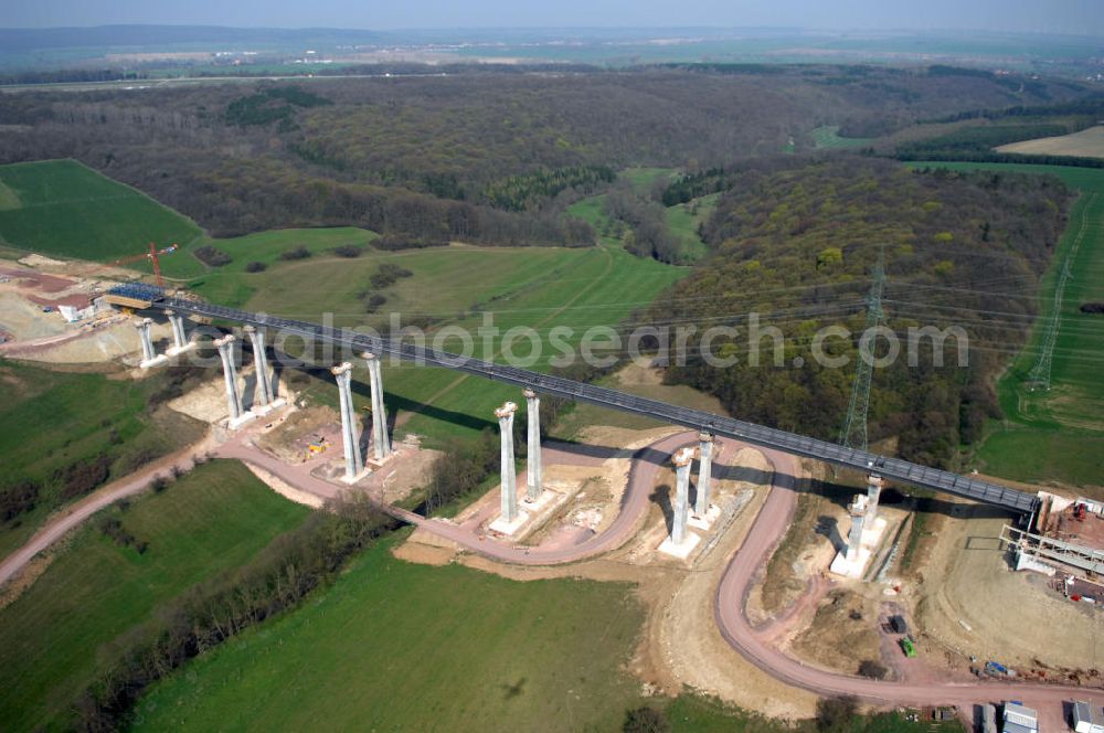 Aerial image Ettenhausen - Blick auf die Baustelle der neuen Nessetalbrücke mit einer Länge von 380 m. Die Brücke ist Teil des Projekt Nordverlegung / Umfahrung Hörselberge der Autobahn E40 / A4 in Thüringen bei Eisenach. Durchgeführt werden die im Zuge dieses Projektes notwendigen Arbeiten unter an derem von den Mitarbeitern der Niederlassung Weimar der EUROVIA Verkehrsbau Union sowie der Niederlassungen Abbruch und Erdbau, Betonstraßenbau, Ingenieurbau und TECO Schallschutz der EUROVIA Beton sowie der DEGE??