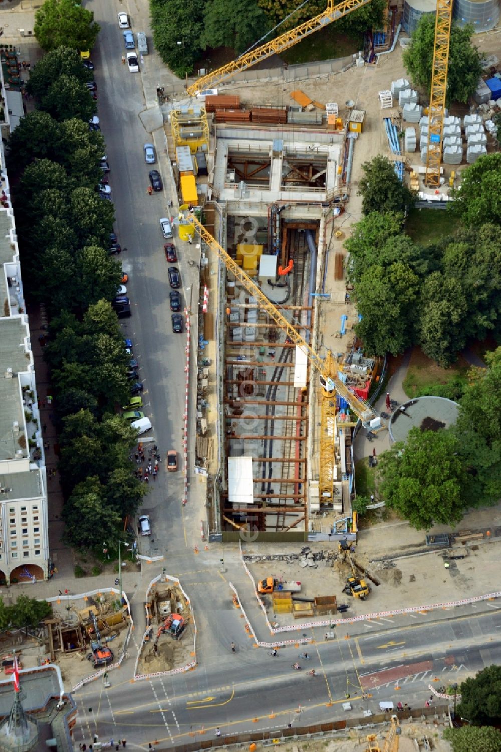 Aerial photograph Berlin - Construction site Berliner Rathaus Station of the underground line expansion U5 of the BVG in Berlin-Mitte