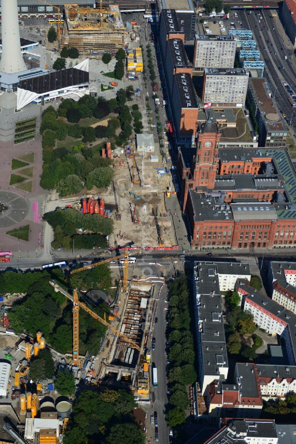 Aerial image Berlin - Construction site Berliner Rathaus Station of the underground line expansion U5 of the BVG in Berlin-Mitte