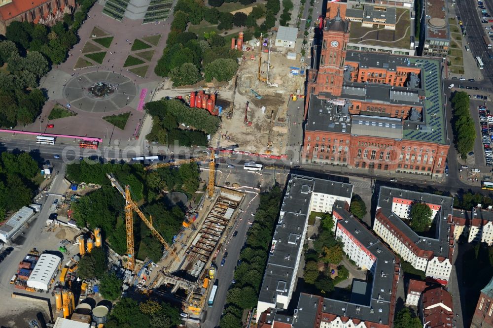 Berlin from above - Construction site Berliner Rathaus Station of the underground line expansion U5 of the BVG in Berlin-Mitte