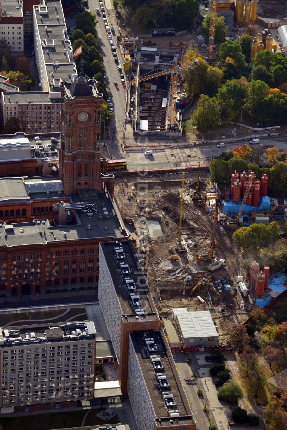 Aerial photograph Berlin - Construction site Berliner Rathaus Station of the underground line expansion U5 of the BVG in Berlin-Mitte