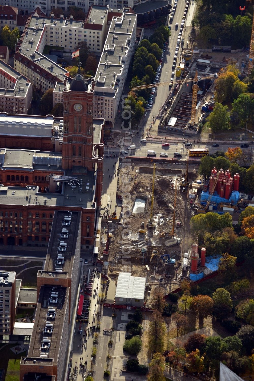 Berlin from above - Construction site Berliner Rathaus Station of the underground line expansion U5 of the BVG in Berlin-Mitte