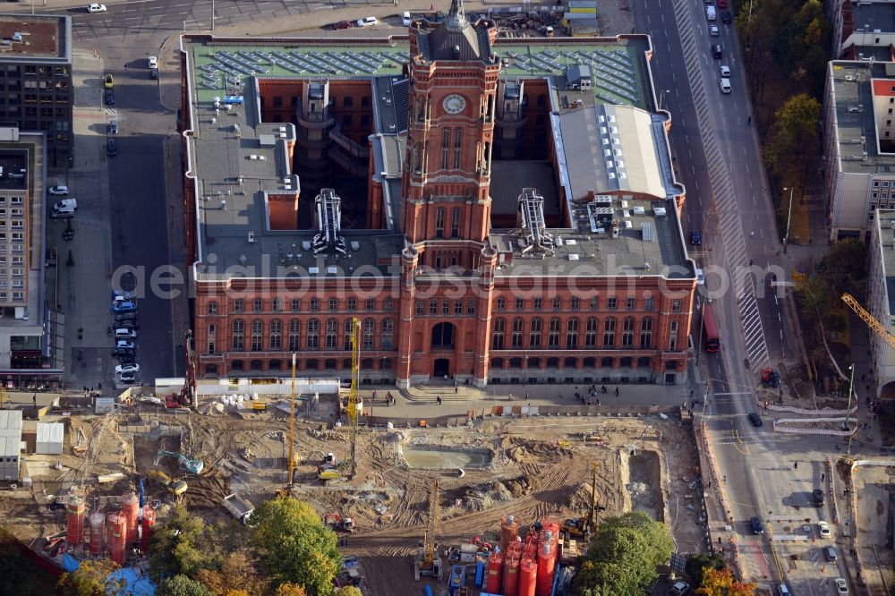 Berlin from the bird's eye view: Construction site Berliner Rathaus Station of the underground line expansion U5 of the BVG in Berlin-Mitte