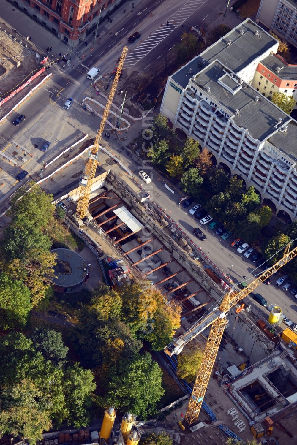 Berlin from above - Construction site Berliner Rathaus Station of the underground line expansion U5 of the BVG in Berlin-Mitte