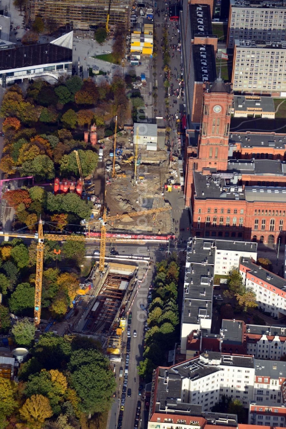 Aerial photograph Berlin - Construction site Berliner Rathaus Station of the underground line expansion U5 of the BVG in Berlin-Mitte