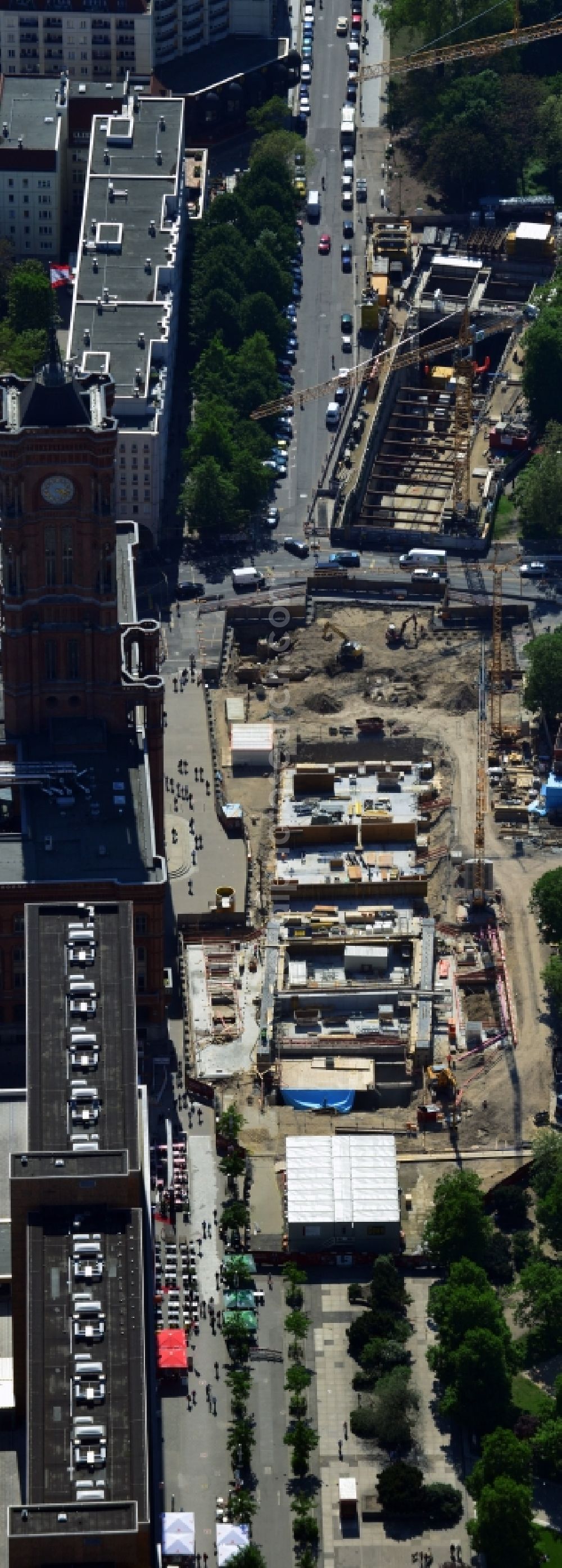 Berlin Mitte from above - Construction site Berliner Rathaus Station of the underground line expansion U5 of the BVG in Berlin-Mitte