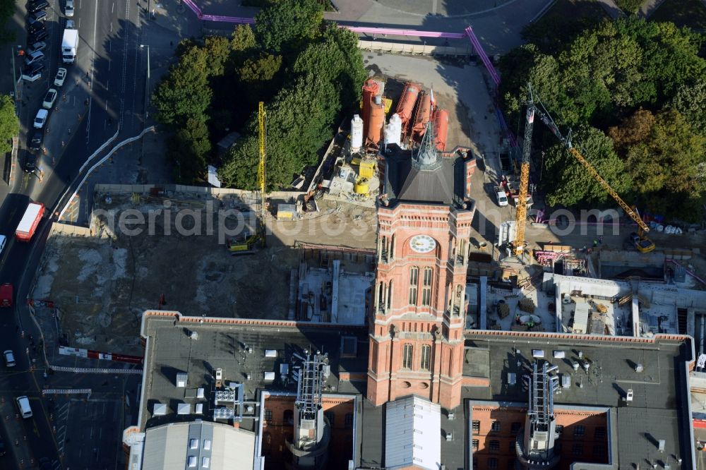 Berlin Mitte from the bird's eye view: Construction site Berliner Rathaus Station of the underground line expansion U5 of the BVG in Berlin-Mitte