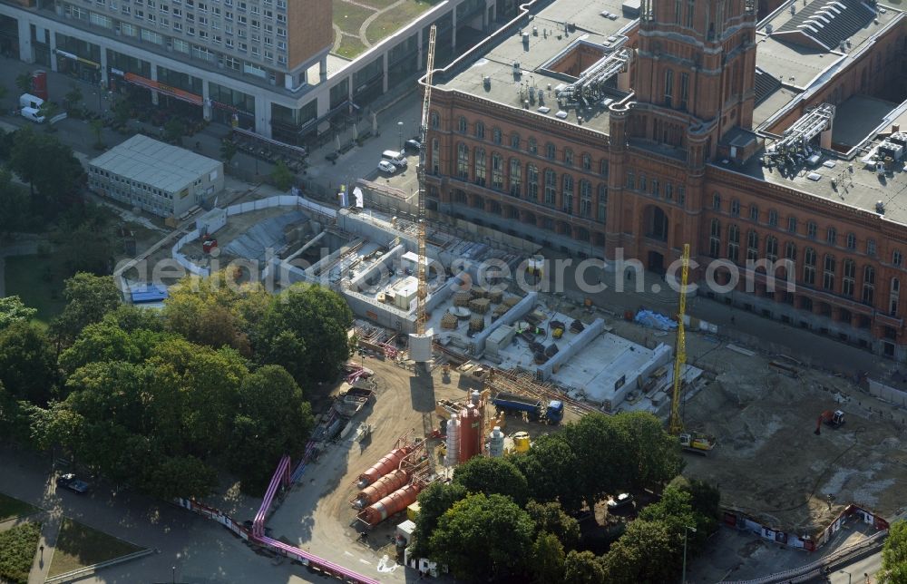 Berlin Mitte from above - Construction site Berliner Rathaus Station of the underground line expansion U5 of the BVG in Berlin-Mitte