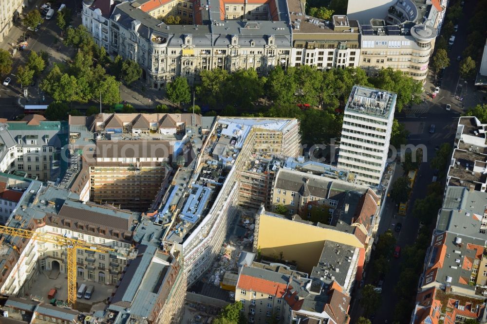 Berlin from the bird's eye view: Site for the new office and retail building N ° 195 Kurfürstendamm. ALPINE Bau AG, Germany through the implementation of the structural work and refurbishment of the listed building