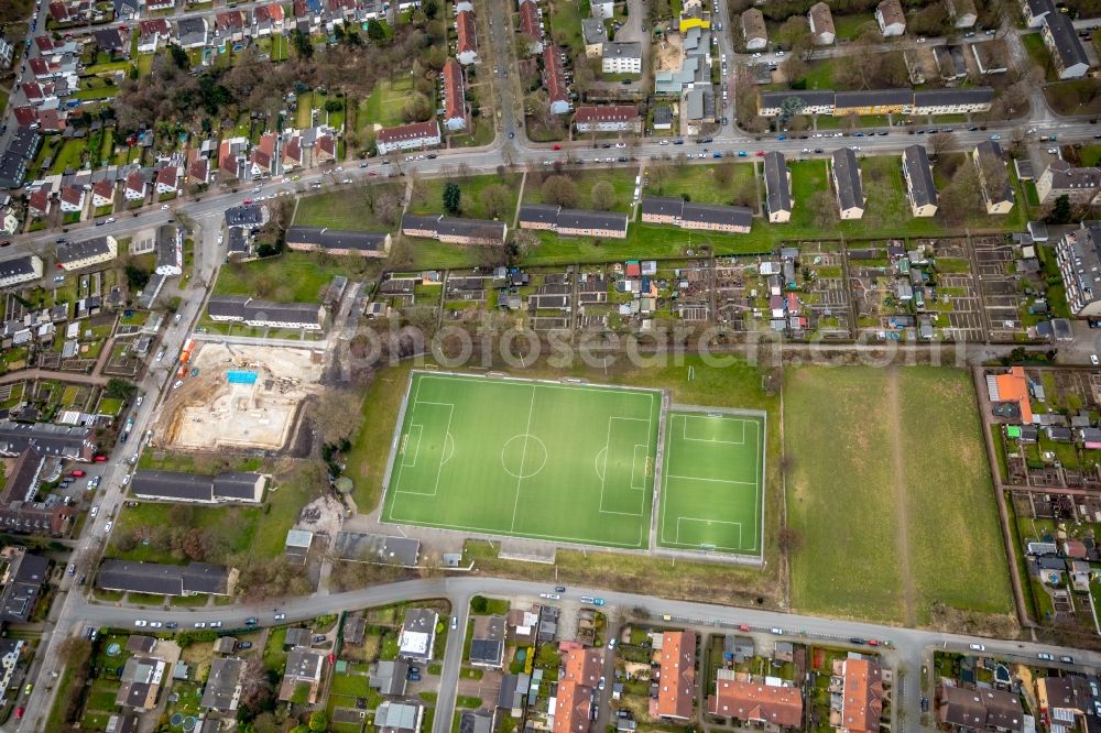 Duisburg from above - Construction site of the new buildings of the retirement home - retirement of Heimstatt St. Barbara e. V. on Elisabethstrasse in Duisburg in the state North Rhine-Westphalia, Germany