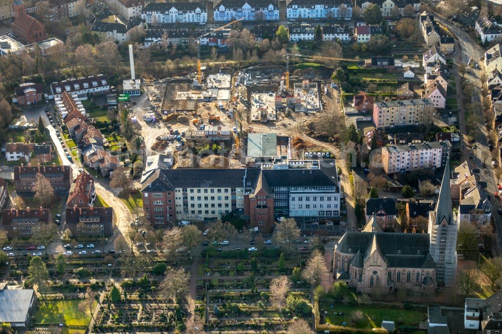 Aerial photograph Herne - Construction site of the new buildings of the retirement home - retirement at Marienhospital-Herne II on Widumer Strasse in Herne in the state North Rhine-Westphalia, Germany