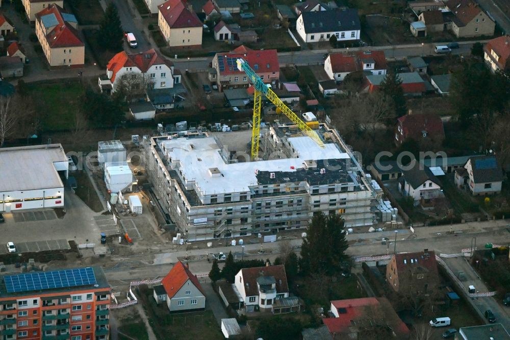 Neuruppin from the bird's eye view: Construction site of the new buildings of the retirement home - retirement on Artur-Becker-Strasse in Neuruppin in the state Brandenburg, Germany