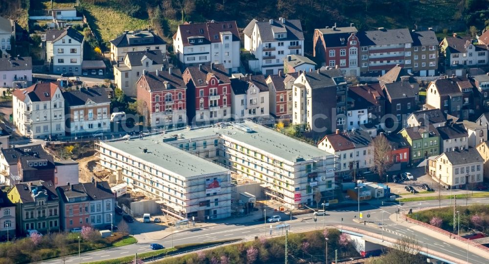 Hohenlimburg from the bird's eye view: Construction site of the new buildings of the retirement home - retirement a??Wohlbehagen unter dem Schlossberga?? of FFB-Projektentwicklung GmbH und Beteiligung der Ambrock GmbH in Hohenlimburg in the state North Rhine-Westphalia