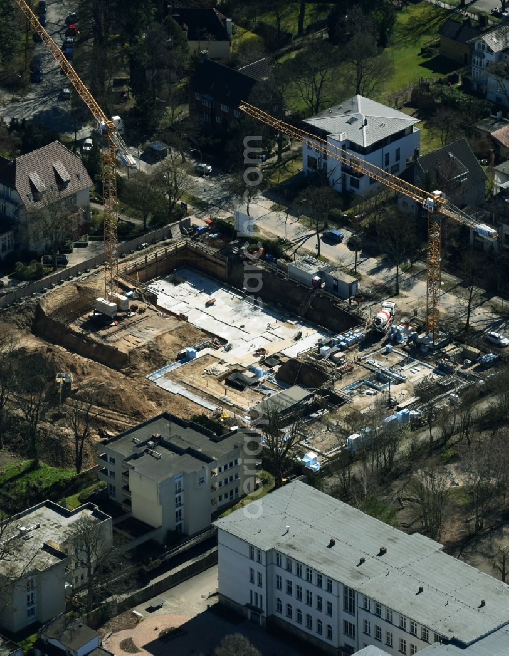 Berlin from the bird's eye view: Construction site of a new build retirement home at the Promenadenstrasse in Lichterfelde in Berlin