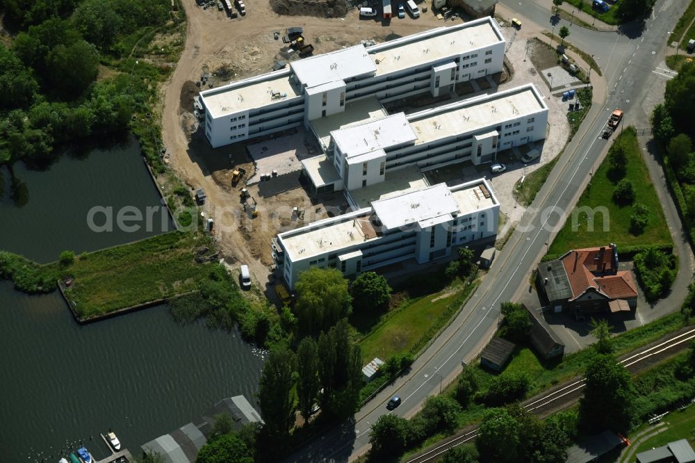 Neuruppin from the bird's eye view: Construction site of a new build retirement home Seetor Residenz between Seedamm and An der Seepromenade in Neuruppin in the state Brandenburg, Germany