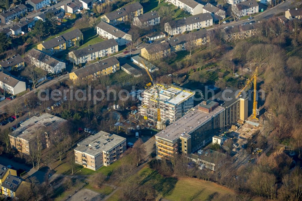 Mülheim an der Ruhr from above - Building site of the new building of a senior citizen's centre nursing home for the elderly on the break in the district of Duempten in Muelheim in the Ruhr in the federal state North Rhine-Westphalia