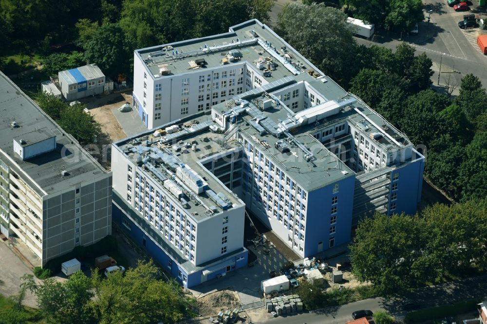 Berlin from above - Construction site of a new build retirement home Pflegeheim a?? Dr. Victor Aronstein Gensler Strasse corner Plauener Strasse and Joachimsthaler Strasse and Liebenwalder Strasse in the district Hohenschoenhausen in Berlin, Germany