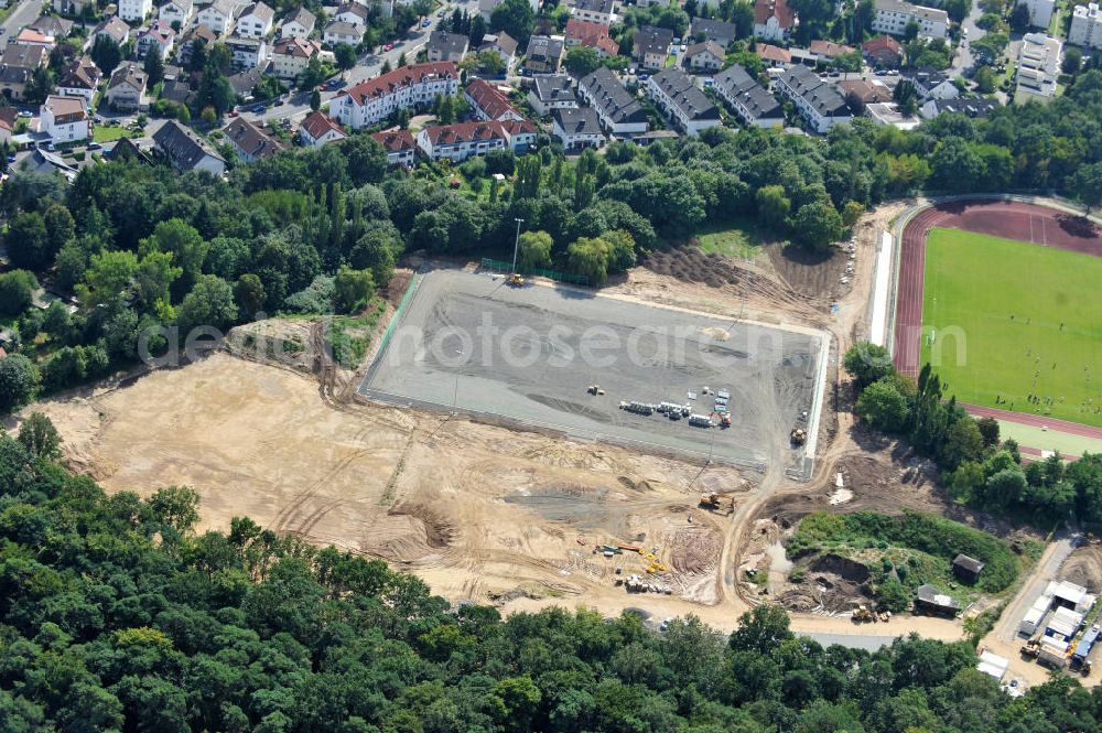 Offenbach am Main from above - Construction site of the new sports center at the street Am Wiener Ring on the former area of the open-air bath Tambourbad in Offenbach, Hesse