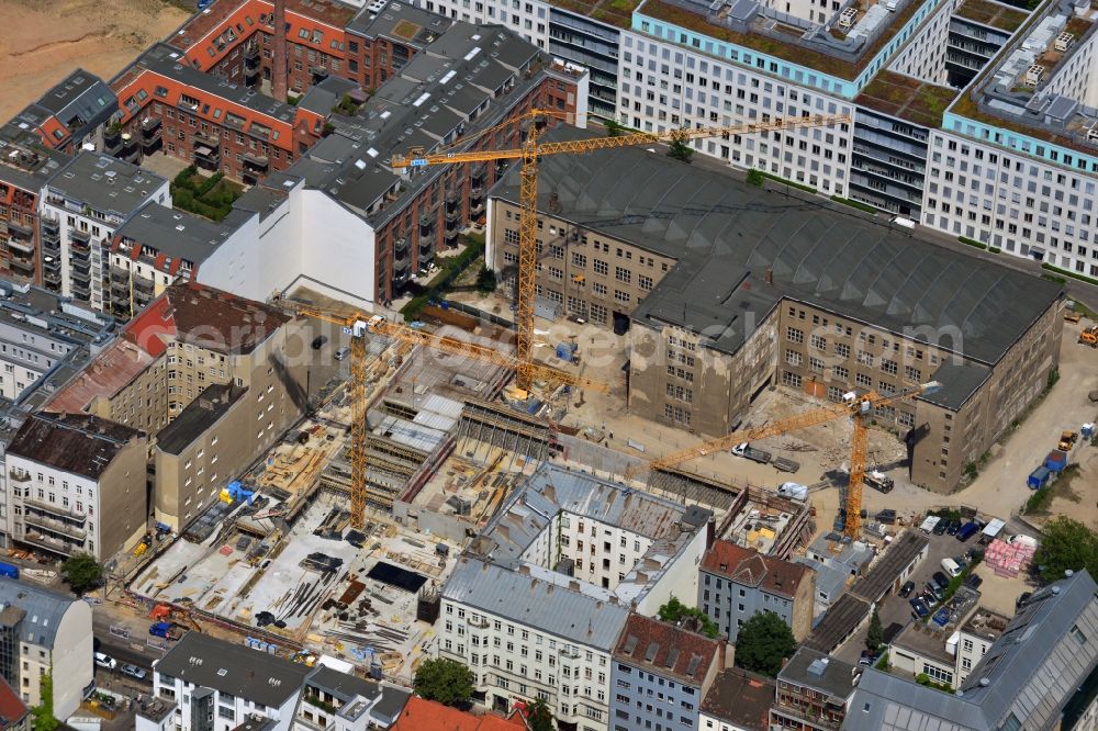 Berlin Mitte from the bird's eye view: Construction site for a new hotel on the Titanic Chausseestraße - Zinnowitzer street in Berlin - Mitte