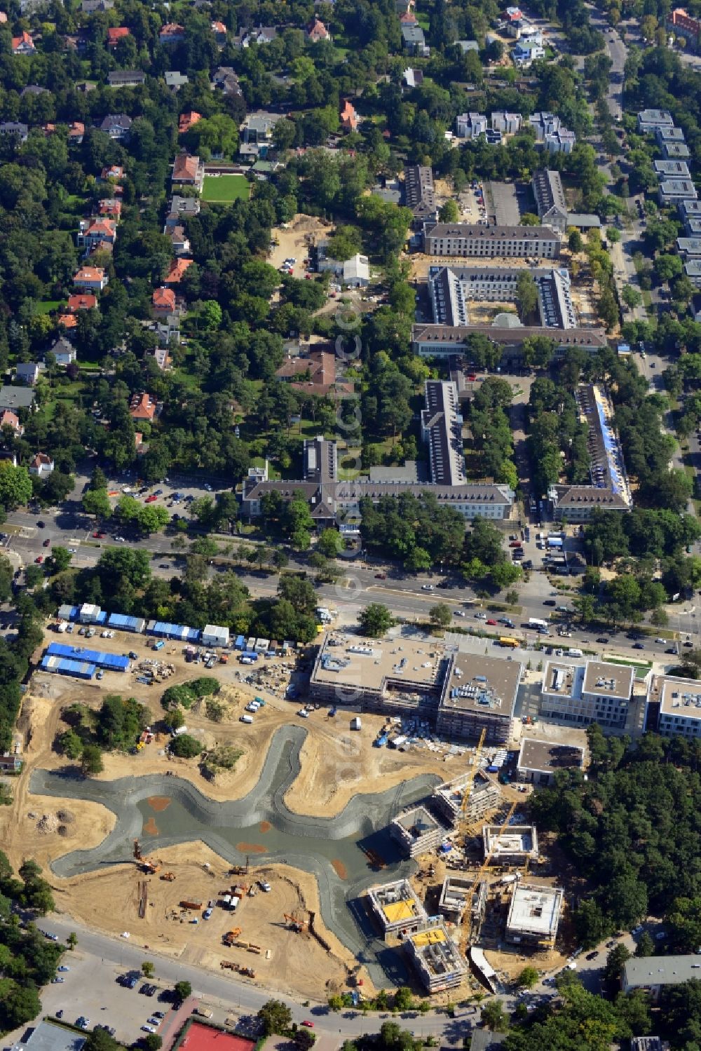 Aerial photograph Berlin Dahlem - Building construction residential complex Five morning Dahlem Urban Village of STOFANEL group in Berlin