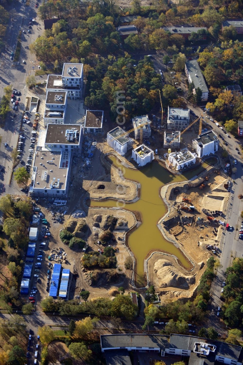 Aerial photograph Berlin - Building construction residential complex Five morning Dahlem Urban Village of STOFANEL group in Berlin