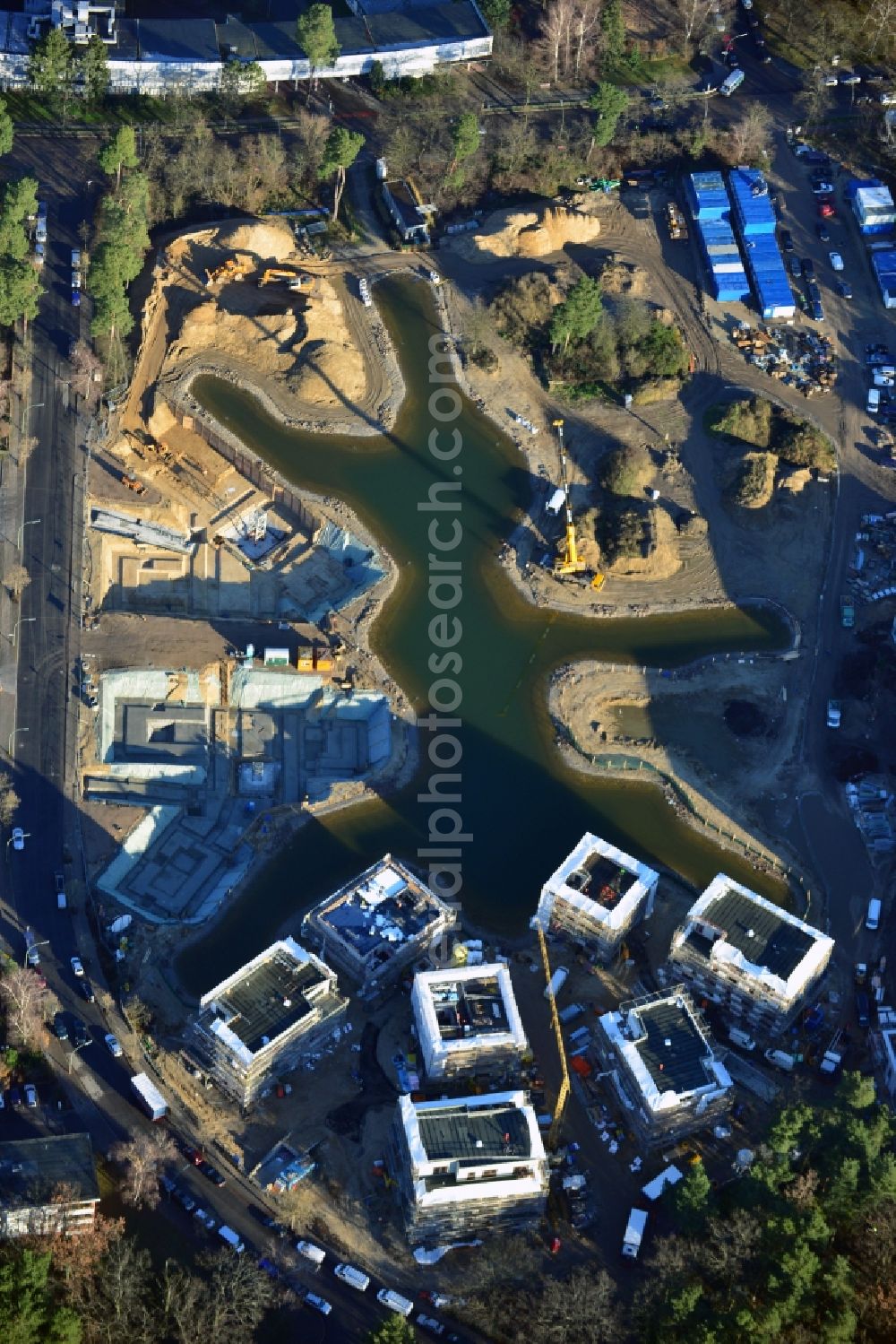 Berlin from the bird's eye view: Building construction residential complex Five morning Dahlem Urban Village of STOFANEL group in Berlin