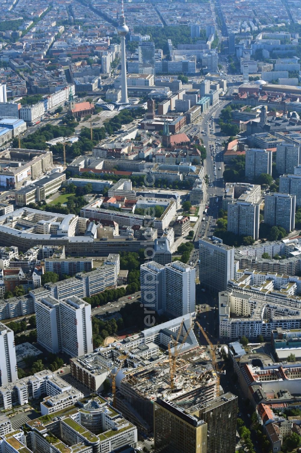 Aerial image Berlin - Construction site with pile foundation work for the foundation plate of the new building Axel Springer Campus - OMA to Krausenstrasse - Schuetzenstrasse in Berlin