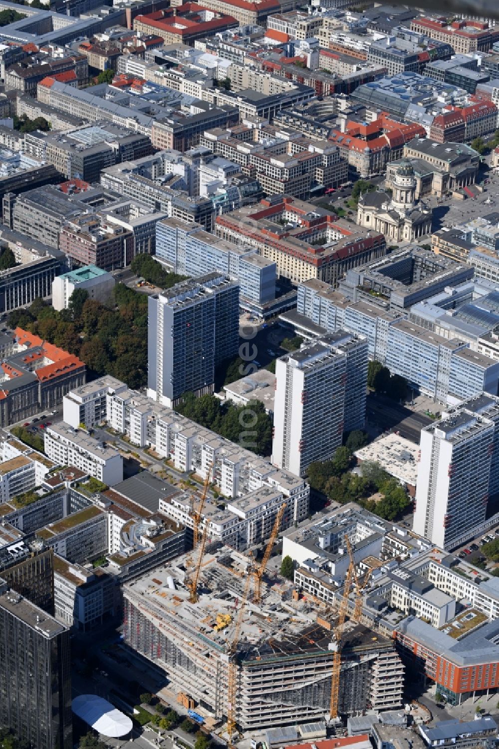 Berlin from the bird's eye view: Construction site with pile foundation work for the foundation plate of the new building Axel Springer Campus - OMA to Krausenstrasse - Schuetzenstrasse in Berlin