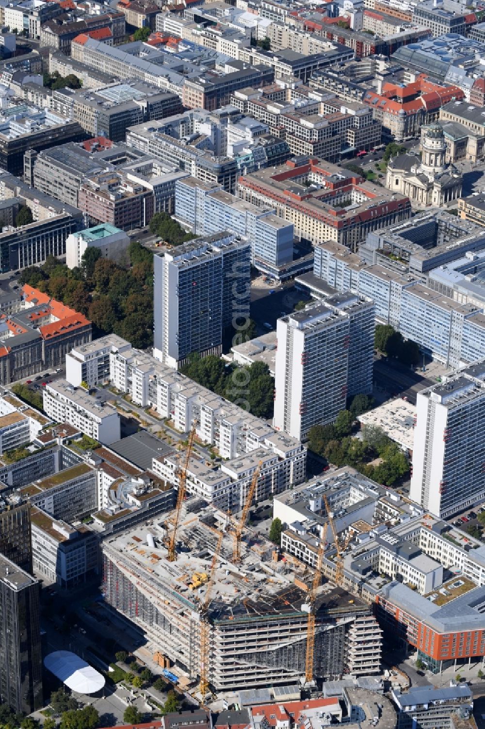 Aerial image Berlin - Construction site with pile foundation work for the foundation plate of the new building Axel Springer Campus - OMA to Krausenstrasse - Schuetzenstrasse in Berlin