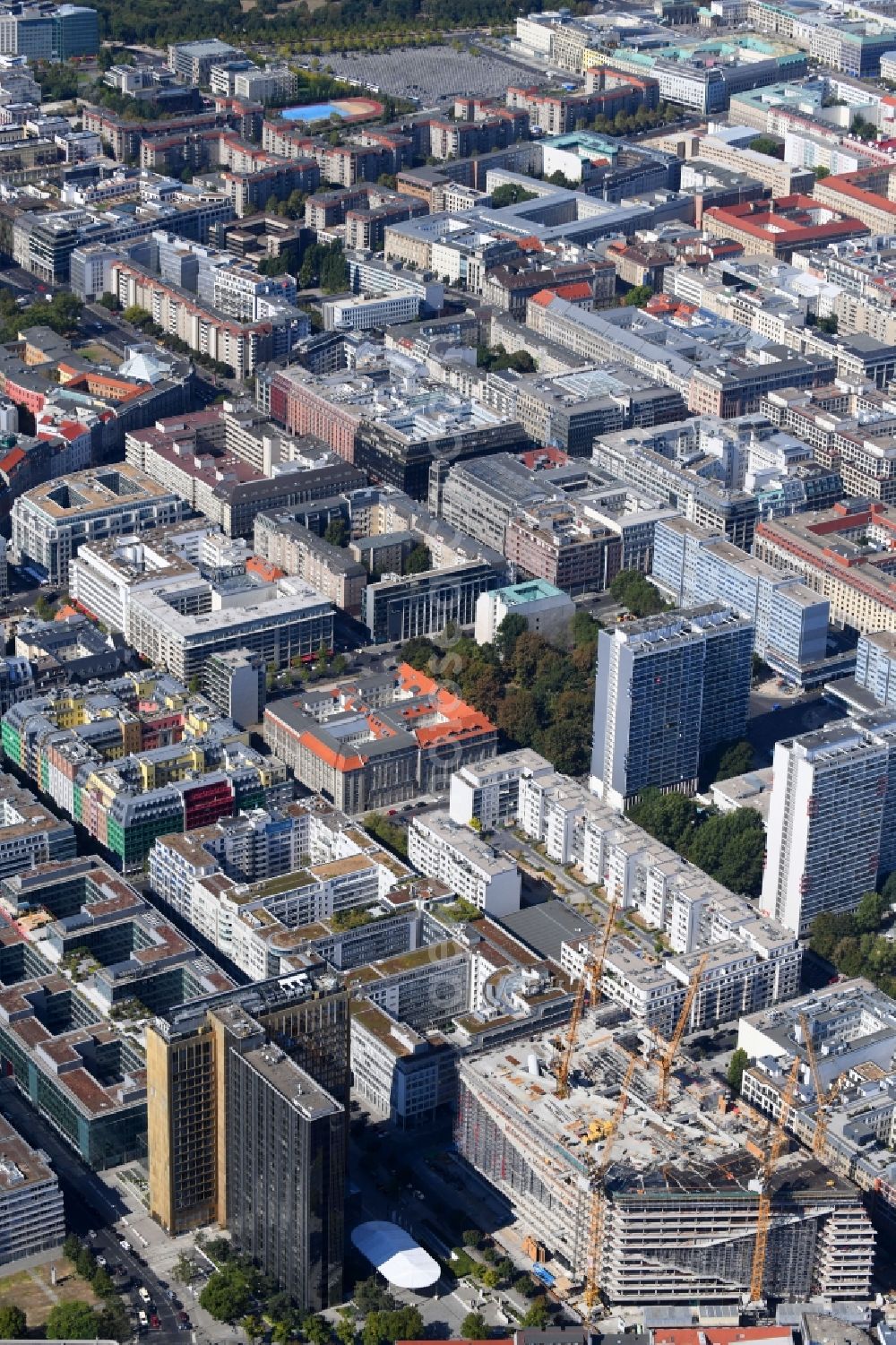 Aerial photograph Berlin - Construction site with pile foundation work for the foundation plate of the new building Axel Springer Campus - OMA to Krausenstrasse - Schuetzenstrasse in Berlin