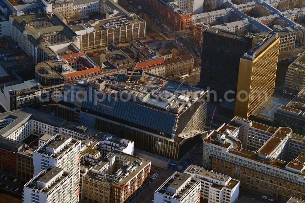 Berlin from the bird's eye view: Construction site with pile foundation work for the foundation plate of the new building Axel Springer Campus - OMA to Krausenstrasse - Schuetzenstrasse in Berlin