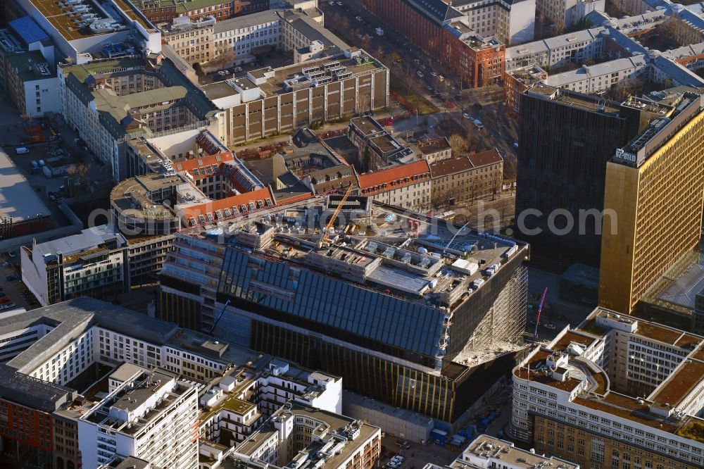 Aerial image Berlin - Construction site with pile foundation work for the foundation plate of the new building Axel Springer Campus - OMA to Krausenstrasse - Schuetzenstrasse in Berlin