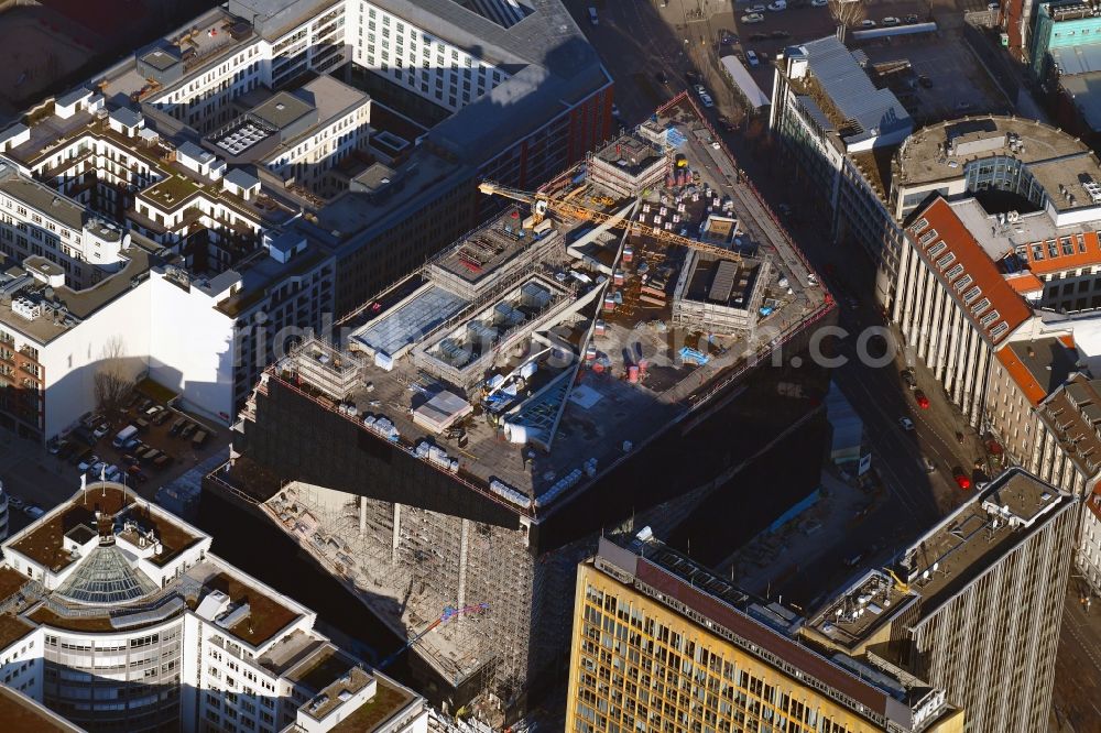 Aerial image Berlin - Construction site with pile foundation work for the foundation plate of the new building Axel Springer Campus - OMA to Krausenstrasse - Schuetzenstrasse in Berlin