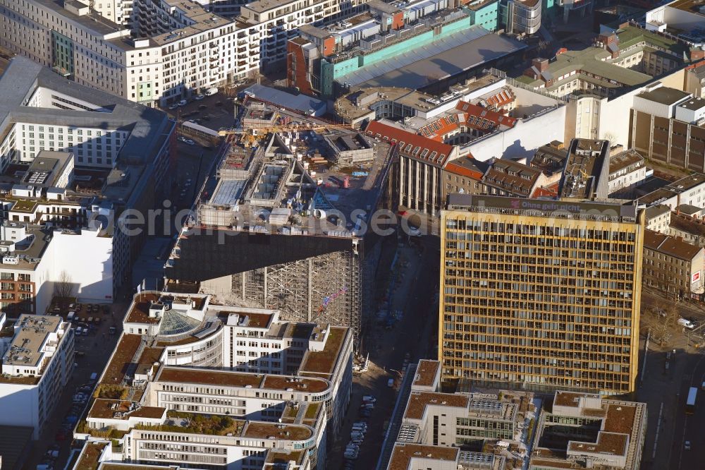 Berlin from above - Construction site with pile foundation work for the foundation plate of the new building Axel Springer Campus - OMA to Krausenstrasse - Schuetzenstrasse in Berlin