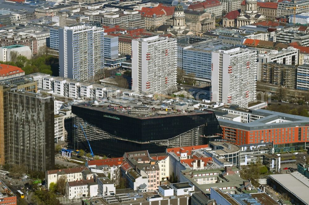 Berlin from the bird's eye view: Construction site with pile foundation work for the foundation plate of the new building Axel Springer Campus - OMA to Krausenstrasse - Schuetzenstrasse in Berlin