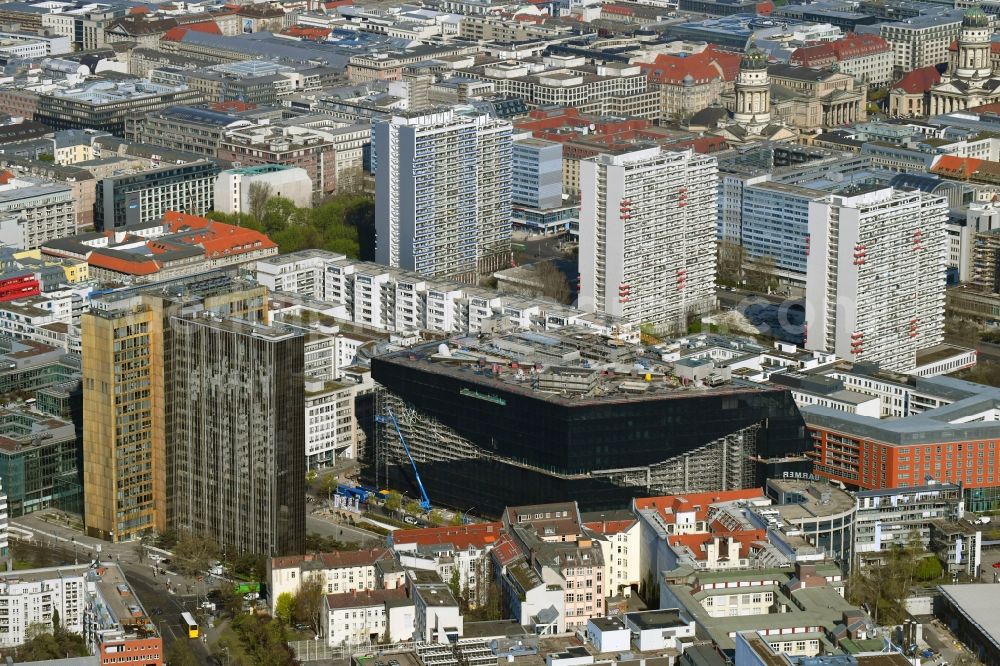 Aerial image Berlin - Construction site with pile foundation work for the foundation plate of the new building Axel Springer Campus - OMA to Krausenstrasse - Schuetzenstrasse in Berlin