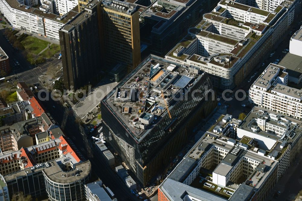 Berlin from above - Construction site with pile foundation work for the foundation plate of the new building Axel Springer Campus - OMA to Krausenstrasse - Schuetzenstrasse in Berlin