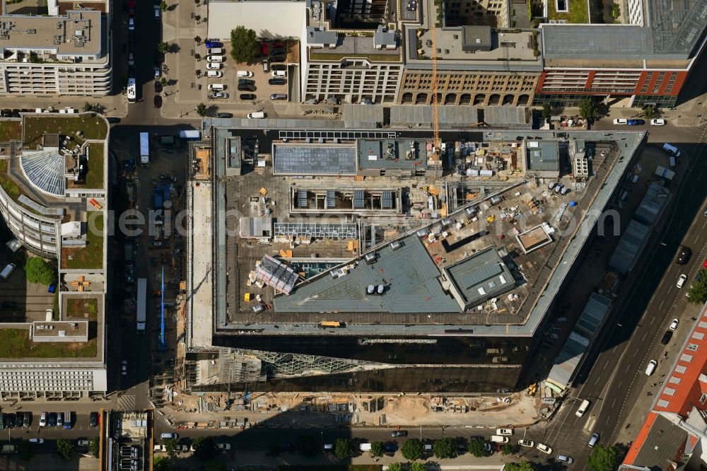 Berlin from above - Construction site with pile foundation work for the foundation plate of the new building Axel Springer Campus - OMA to Krausenstrasse - Schuetzenstrasse in Berlin