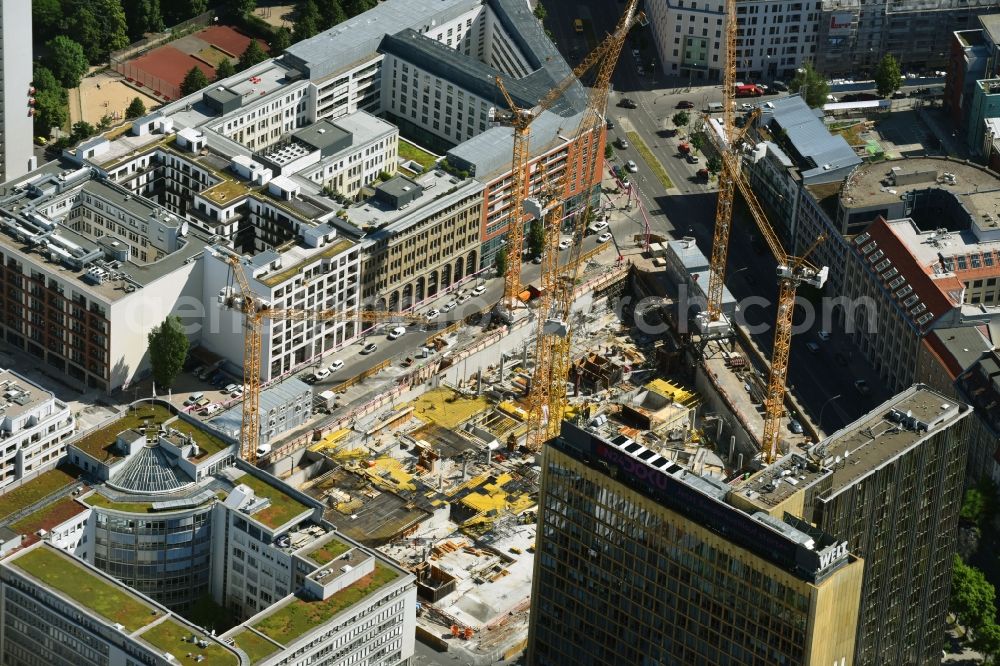 Berlin from above - Construction site with pile foundation work for the foundation plate of the new building Axel Springer Campus - OMA to Krausenstrasse - Schuetzenstrasse in Berlin