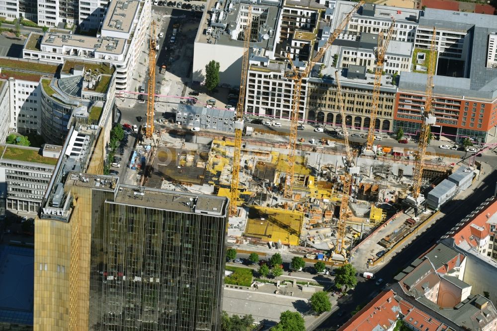 Berlin from the bird's eye view: Construction site with pile foundation work for the foundation plate of the new building Axel Springer Campus - OMA to Krausenstrasse - Schuetzenstrasse in Berlin