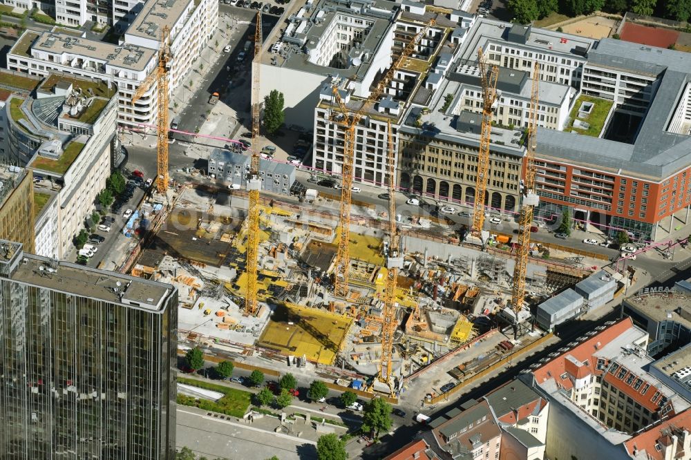 Aerial image Berlin - Construction site with pile foundation work for the foundation plate of the new building Axel Springer Campus - OMA to Krausenstrasse - Schuetzenstrasse in Berlin