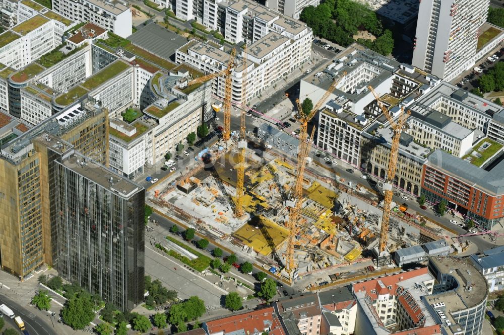 Berlin from above - Construction site with pile foundation work for the foundation plate of the new building Axel Springer Campus - OMA to Krausenstrasse - Schuetzenstrasse in Berlin