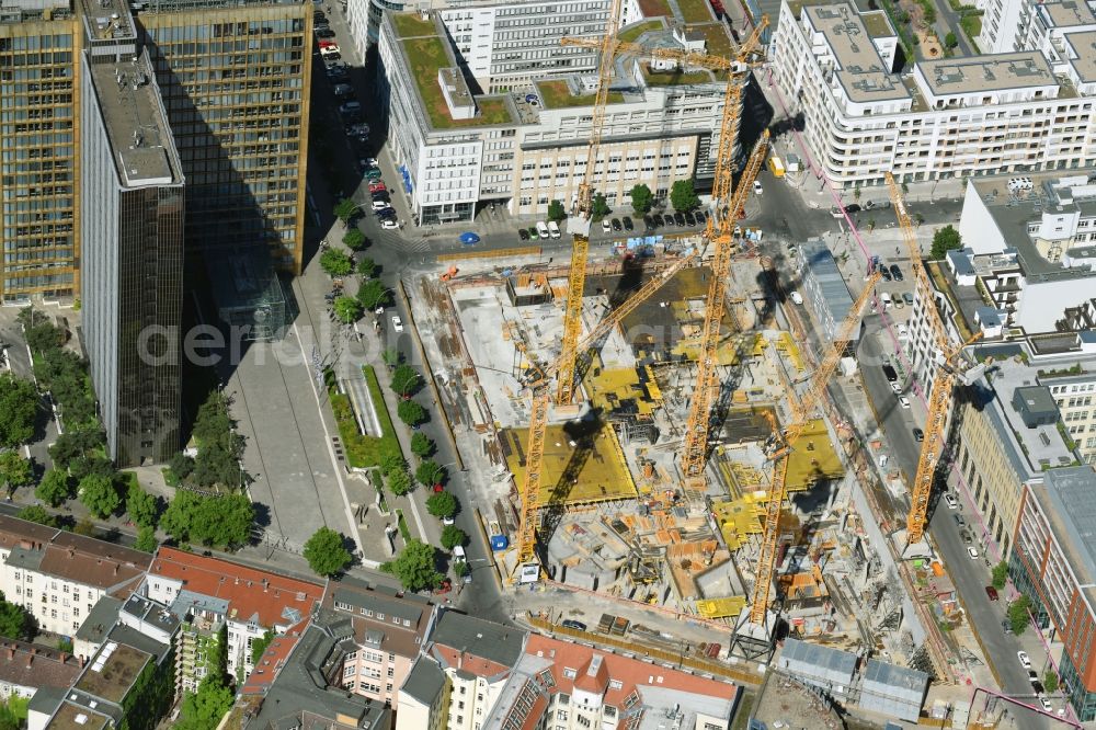 Aerial image Berlin - Construction site with pile foundation work for the foundation plate of the new building Axel Springer Campus - OMA to Krausenstrasse - Schuetzenstrasse in Berlin