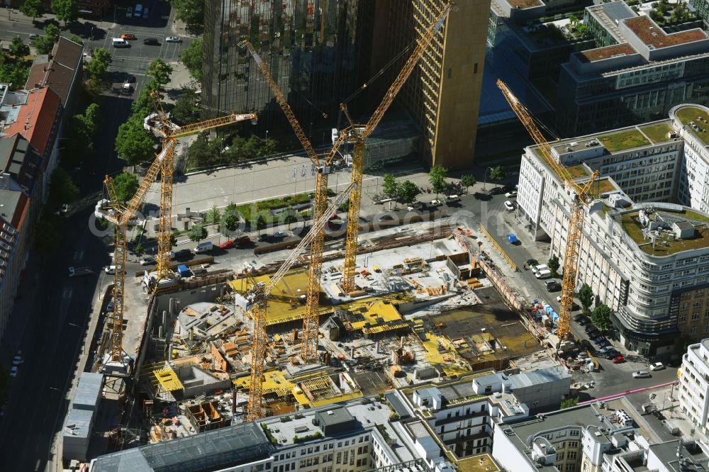 Aerial image Berlin - Construction site with pile foundation work for the foundation plate of the new building Axel Springer Campus - OMA to Krausenstrasse - Schuetzenstrasse in Berlin