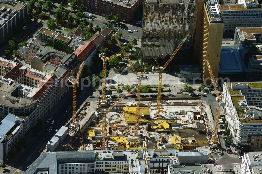 Berlin from above - Construction site with pile foundation work for the foundation plate of the new building Axel Springer Campus - OMA to Krausenstrasse - Schuetzenstrasse in Berlin