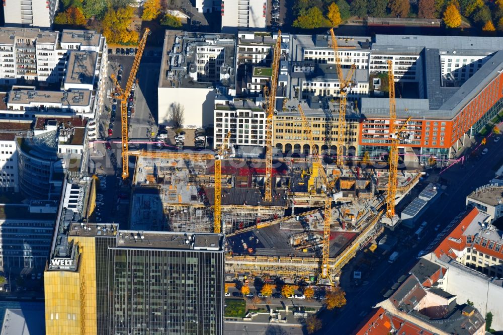 Aerial photograph Berlin - Construction site with pile foundation work for the foundation plate of the new building Axel Springer Campus - OMA to Krausenstrasse - Schuetzenstrasse in Berlin