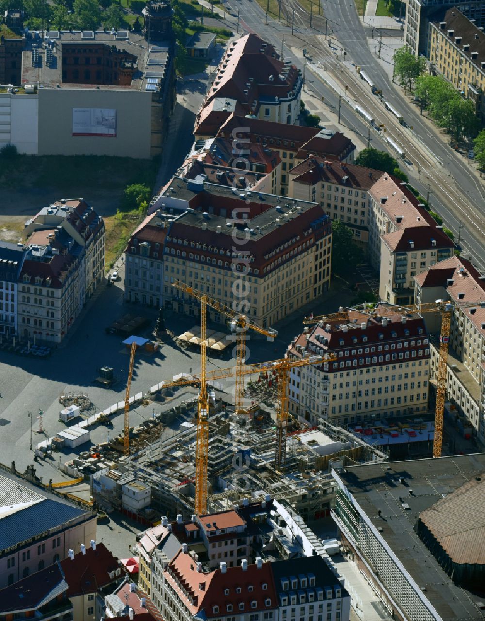 Dresden from the bird's eye view: Construction site of a new building Neumarkt - Palais of USD Immobilien GmbH in Dresden in the state Saxony